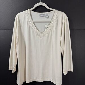 Chico’s Cream Embroidered V neck 3/4 Sleeve Tee NWT